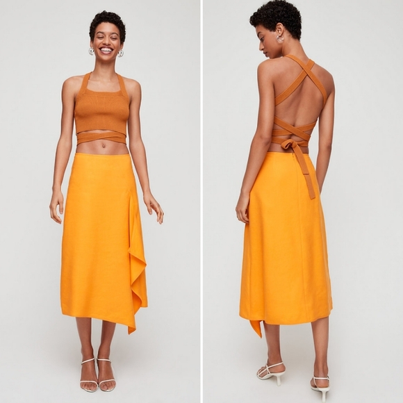 NWT Aritzia Wilfred Autier Tuscan Sun Midi Skirt 00 Yellow Ruffle - Picture 1 of 11